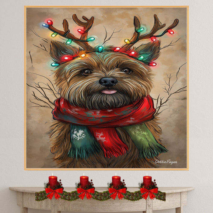 "Rustic Joy" - Cairn Terrier Dog with Lighted Antlers & Cozy Scarf on Rustic Canvas, Ready to Hang 1.5" Thick Canvas Wrap, Floating Framed Canvas, Flat Rolled Canvas