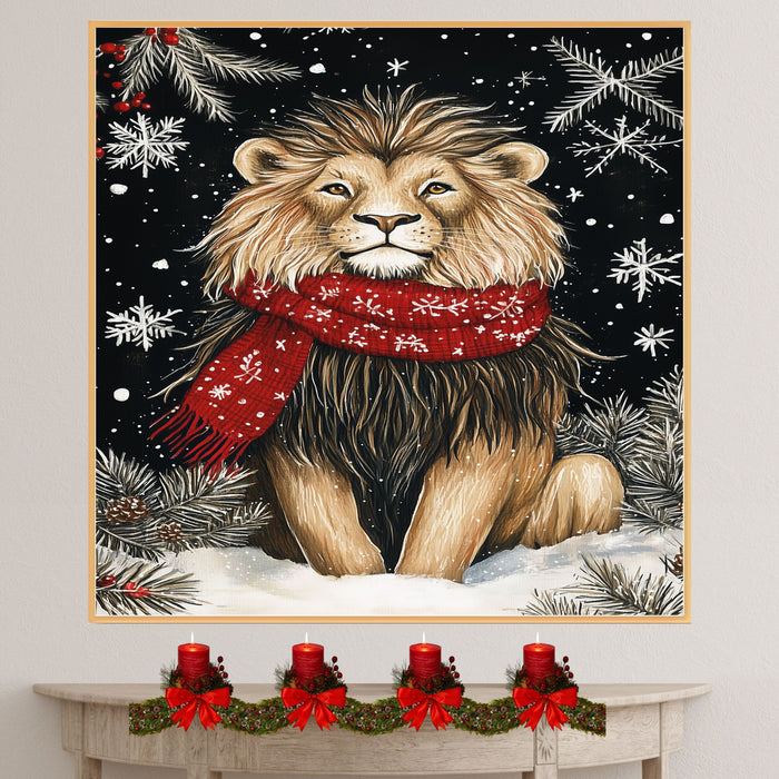 "Majestic Winter Lion" - Lion in Red Scarf Roaming the Snow on Ready to Hang 1.5" Thick Canvas Wrap, Floating Framed Canvas, Flat Rolled Canvas