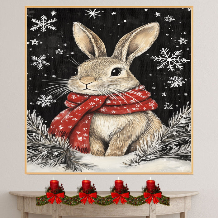 "Snowy Serenity Bunny" - Bunny in Red Scarf Sitting in Winter Snow on Ready to Hang 1.5" Thick Canvas Wrap, Floating Framed Canvas, Flat Rolled Canvas