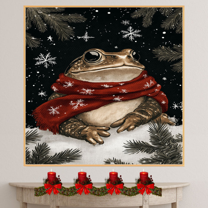 "Frosty Leap Frog" - Frog in Red Scarf Sitting in Snow on Ready to Hang 1.5" Thick Canvas Wrap, Floating Framed Canvas, Flat Rolled Canvas