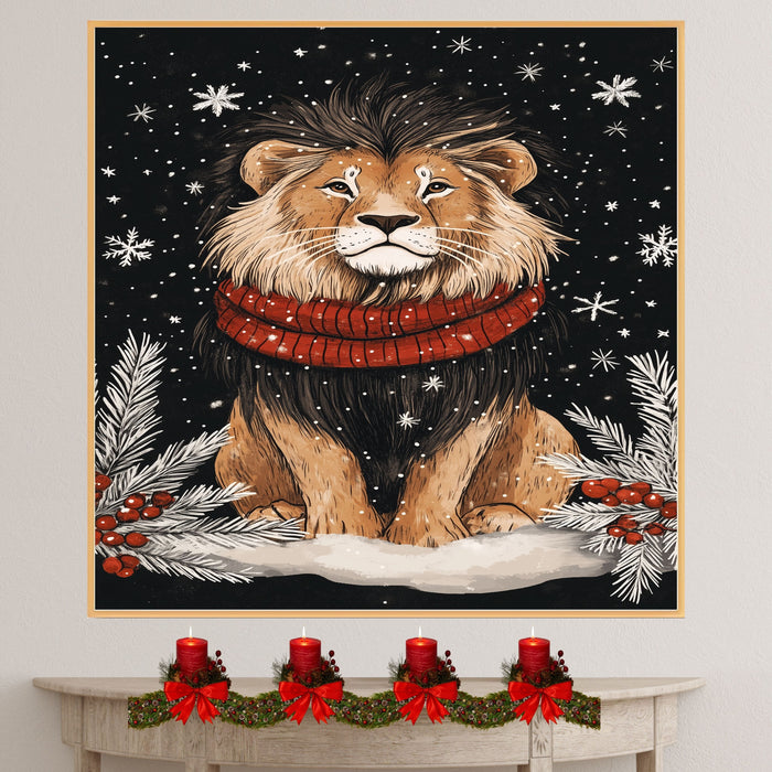 "Winter Majesty Lion" - Lion in Red Scarf Resting in Snowy Landscape on Ready to Hang 1.5" Thick Canvas Wrap, Floating Framed Canvas, Flat Rolled Canvas