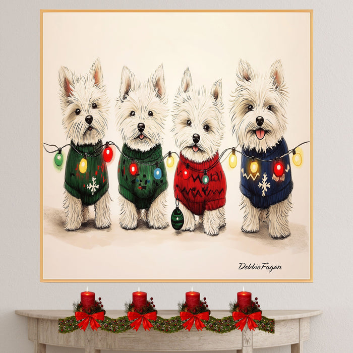 Dog Christmas Canvas  - "Winter Wonder Westies" - West Highland Terriers in Festive Sweaters & Christmas Lights on Ready to Hang 1.5" Thick Canvas Wrap, Floating Framed Canvas, Flat Rolled Canvas