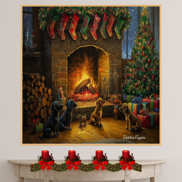 Dachshund Christmas Canvas - "Festive Fireside Friends" - Cozy Wiener Dogs by the Christmas Fireplace on Ready to Hang 1.5" Thick Canvas Wrap, Floating Framed Canvas, Flat Rolled Canvas