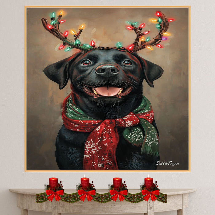 "Rustic Antlers" - Black Labrador Dog with Christmas Lights & Cozy Scarf on Rustic Background, Ready to Hang 1.5" Thick Canvas Wrap, Floating Framed Canvas, Flat Rolled Canvas