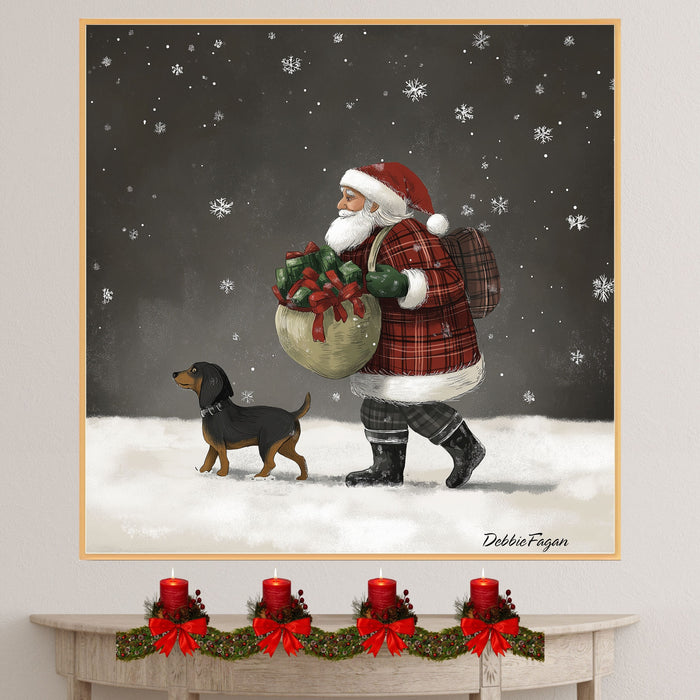 Dog Christmas Canvas  - ÒSantaÕs SidekickÓ - Joyful Pup Walking in the Snow on Ready to Hang 1.5" Thick Canvas Wrap, Floating Framed Canvas, Flat Rolled Canvas