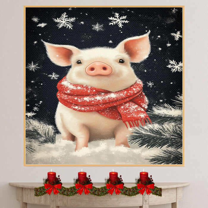 "Winter Cuddle Pig" - Pig in Red Scarf Cozy in Snow on Ready to Hang 1.5" Thick Canvas Wrap, Floating Framed Canvas, Flat Rolled Canvas