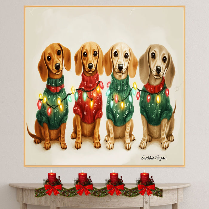 Christmas Canvas  - ÒDachshund SnugglesÓ - Adorable Dogs in Cozy Sweaters Wrapped in Colorful Christmas Lights on Ready to Hang 1.5" Thick Canvas Wrap, Floating Framed Canvas, Flat Rolled Canvas