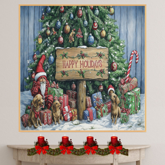 Dog Christmas Canvas - "Holiday Paws" - Adorable Puppies with Elf Hats and Presents Beneath the Christmas Tree on Ready to Hang 1.5" Thick Canvas Wrap, Floating Framed Canvas, Flat Rolled Canvas