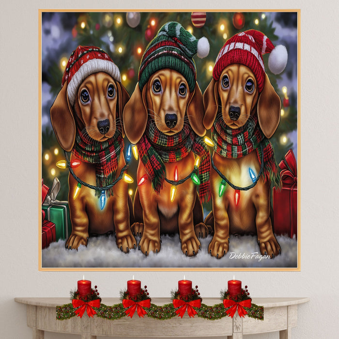 Christmas Canvas - "Dachshund Wonders" - Winter Pups Adorned in Cozy Outfits Wrapped in Festive Christmas Lights on Ready to Hang 1.5" Thick Canvas Wrap, Floating Framed Canvas, Flat Rolled Canvas