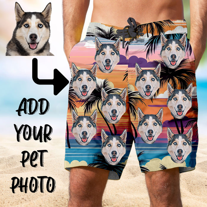 Custom Face Men Swimwear, Personalized Beach Swim Trunks with Dog Faces, Customized Tropical Print Quick-dry Summer Shorts for Boyfriend