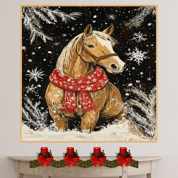 "Snowy Elegance Horse" - Horse in Red Scarf Amidst Winter Snow on Ready to Hang 1.5" Thick Canvas Wrap, Floating Framed Canvas, Flat Rolled Canvas