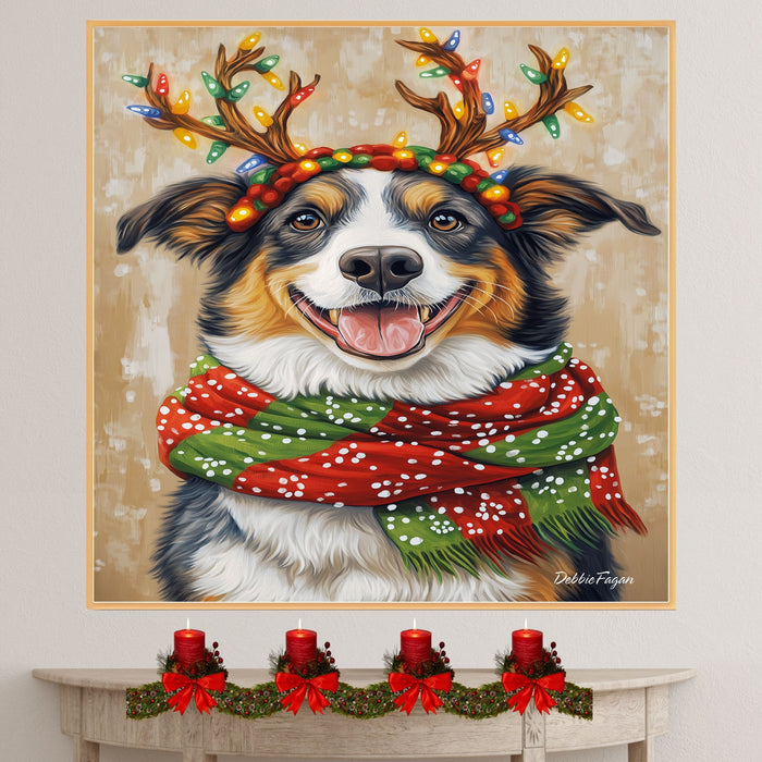 Holiday Spirit - 'Festive Flicker' - Australian Shepherd Dog with Lighted Antlers & Cozy Scarf on Rustic Background, Ready to Hang 1.5" Thick Canvas Wrap, Floating Framed Canvas, Flat Rolled Canvas