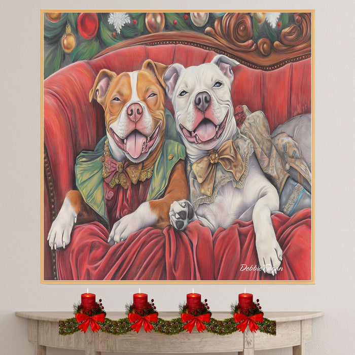 American Pit Bull Christmas Canvas - "Victorian Charm" - Happy Pit Bull Pups in Elegant Attire on Ready to Hang 1.5" Thick Canvas Wrap, Floating Framed Canvas, Flat Rolled Canvas