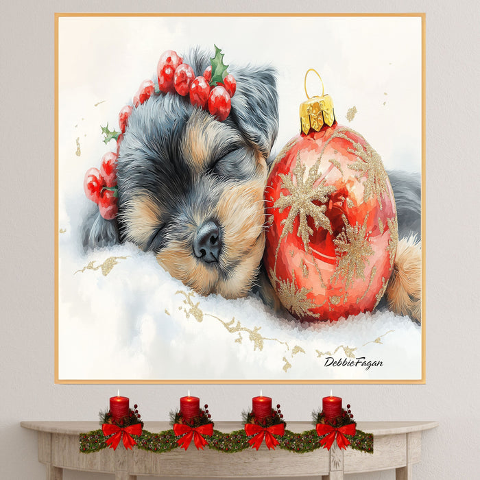 Schnauzer Christmas Canvas - "Silent Night Snooze" - Cozy Puppy Nestled Beside Christmas Ornament on Ready to Hang 1.5" Thick Canvas Wrap, Floating Framed Canvas, Flat Rolled Canvas