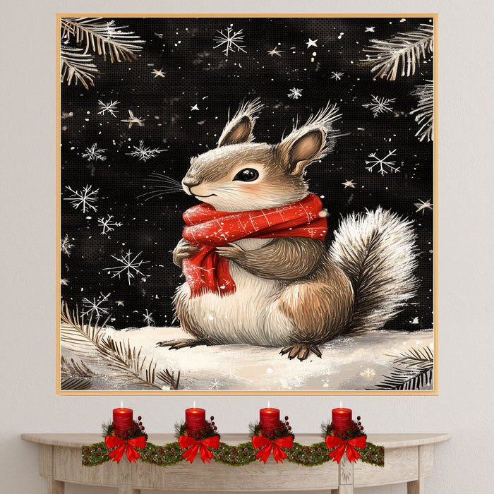 "Winter Delight Squirrel" - Squirrel in Red Scarf Playing in Snow on Ready to Hang 1.5" Thick Canvas Wrap, Floating Framed Canvas, Flat Rolled Canvas