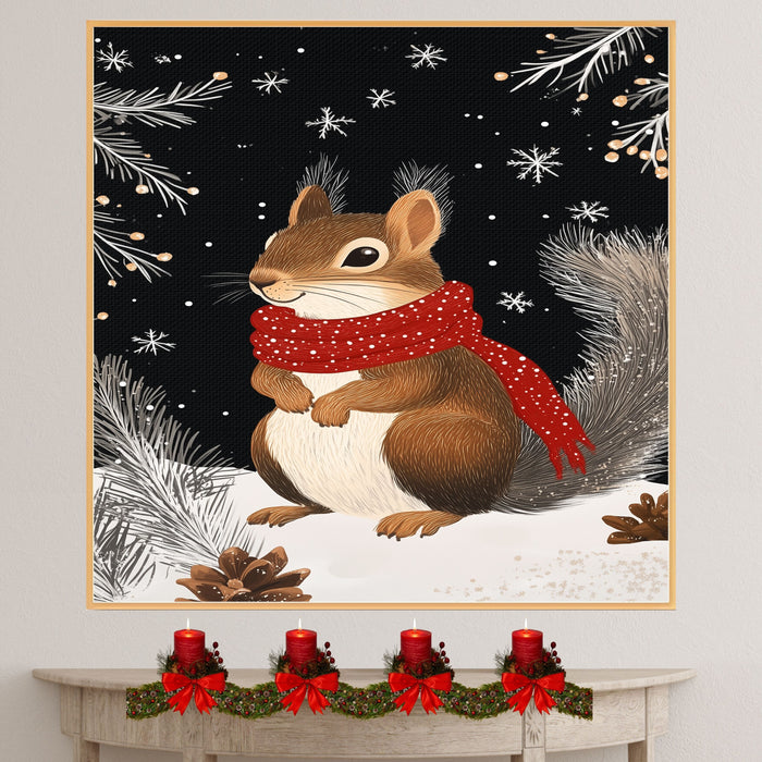 "Frosty Friend Squirrel" - Squirrel in Red Scarf Nestled in Snowy Scene on Ready to Hang 1.5" Thick Canvas Wrap, Floating Framed Canvas, Flat Rolled Canvas