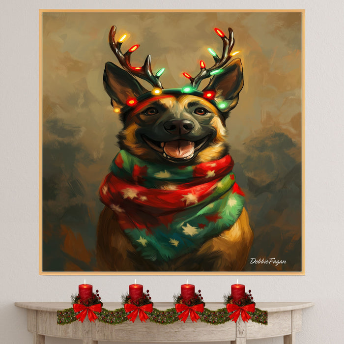 Rustic Antlers' - Belgian Malinois Dog with Lighted Antlers & Festive Scarf on Rustic Canvas, Ready to Hang 1.5" Thick Canvas Wrap, Floating Framed Canvas, Flat Rolled Canvas