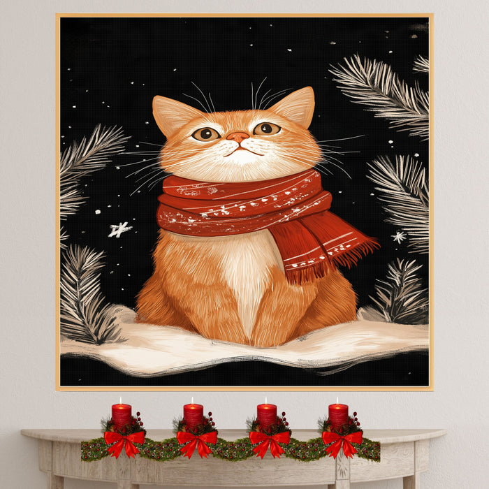 "Winter Paws Cat" - Cat in Red Scarf Sitting in Snow on Ready to Hang 1.5" Thick Canvas Wrap, Floating Framed Canvas, Flat Rolled Canvas