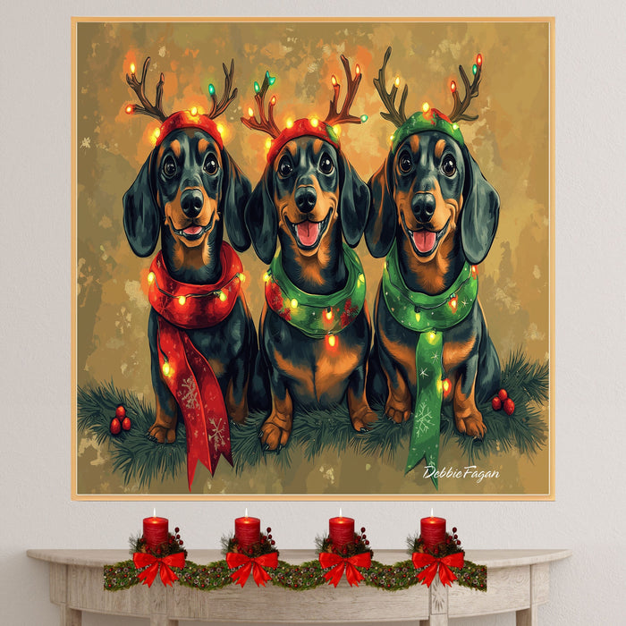 Dachshund Dogs Wrapped in Christmas String Lights on 1.5" Thick Canvas Wrap, Floating Framed Canvas, Flat Rolled Canvas, Premium Quality Ready to Hang Room Decor Wall Art