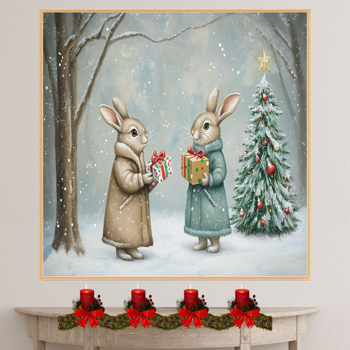 "Winter Wonderland: Gift-Giving Bunnies" Ð Cozy Rabbits in a Snowy Forest Scene on Ready to Hang 1.5" Thick Canvas Wrap, Floating Framed Canvas, Flat Rolled Canvas