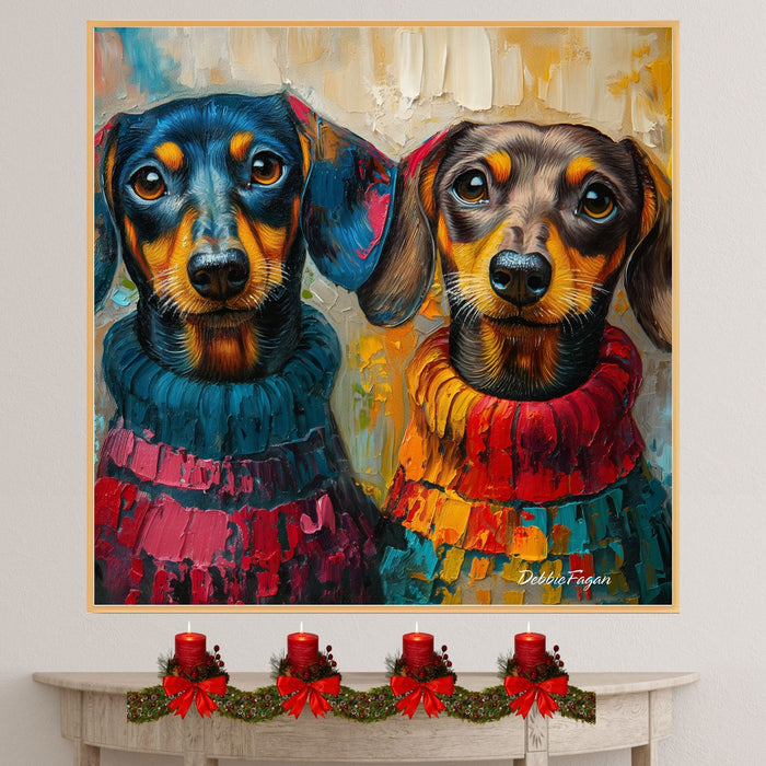 Dachshund Christmas Canvas - "Dapper Doxies" - Cute Colorful Wieners in Cozy Sweaters on Ready to Hang 1.5" Thick Canvas Wrap, Floating Framed Canvas, Flat Rolled Canvas