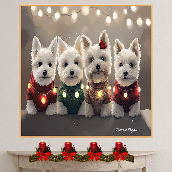 "Westie Winter Glow" - West Highland Terriers in Festive Sweaters and Christmas Lights on Snowy Background on Ready to Hang 1.5" Thick Canvas Wrap, Floating Framed Canvas, Flat Rolled Canvas