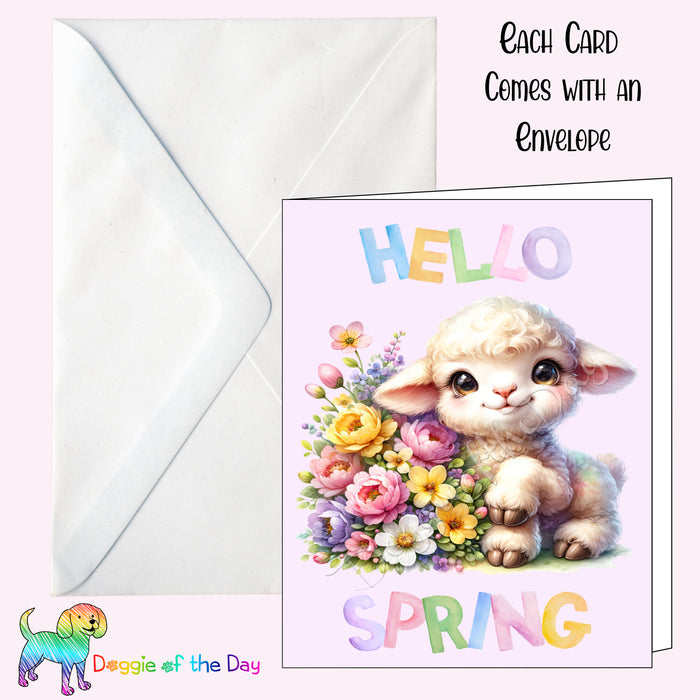 Hello Spring Little Lamb Greeting Card with Envelope, Fun and Cute Animal Portrait Stationery, 5x7"