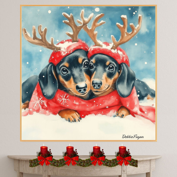 Doxie Christmas Canvas  - "Snowy Snouts" - Cozy Dachshund Dogs with Colorful Antlers in the Winter Snow on Ready to Hang 1.5" Thick Canvas Wrap, Floating Framed Canvas, Flat Rolled Canvas