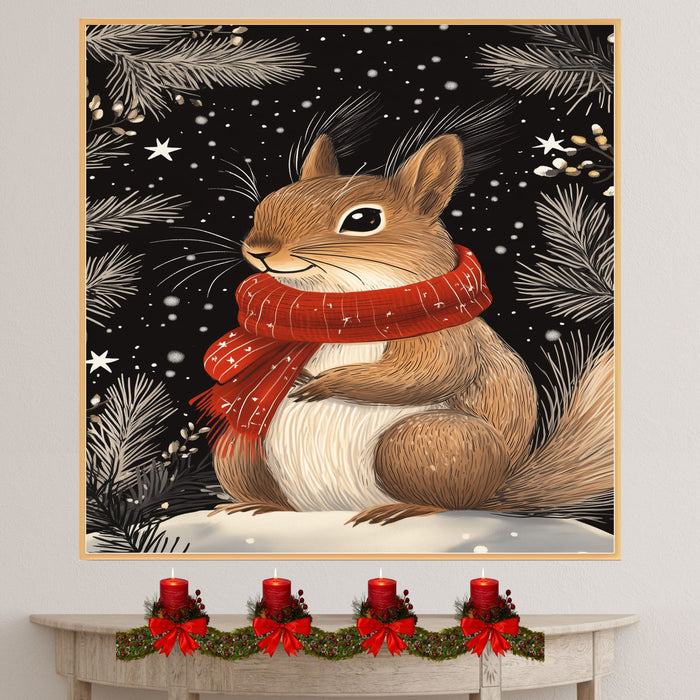 "Snowy Whimsy Squirrel" - Squirrel in Red Scarf Holding an Acorn in Winter Snow on Ready to Hang 1.5" Thick Canvas Wrap, Floating Framed Canvas, Flat Rolled Canvas