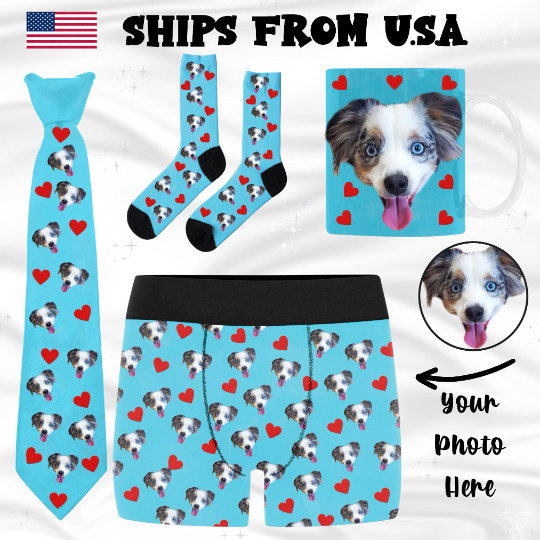 Valentine's Day Gift Pet Photo, Personalized Gift for Boyfriend, Photo Coffee Mug, Boxers with Faces, Photo Necktie, Funny Valentines Socks