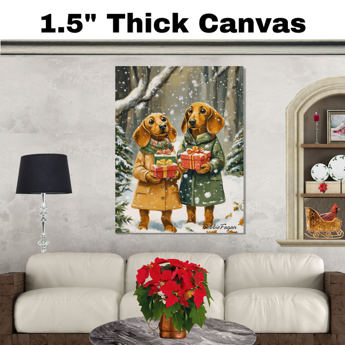 "Gift of Joy" - Dachshund Dogs in Cozy Winter Coats Holding Gifts in Snowy Forest, Ready to Hang 1.5" Thick Canvas Wrap, Floating Framed Canvas, Flat Rolled Canvas