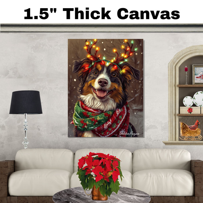 Forest Glow' - Australian Shepherd with Lighted Antlers & Festive Scarf in Snowy Forest Scene, Ready to Hang 1.5" Thick Canvas Wrap, Floating Framed Canvas, Flat Rolled Canvas