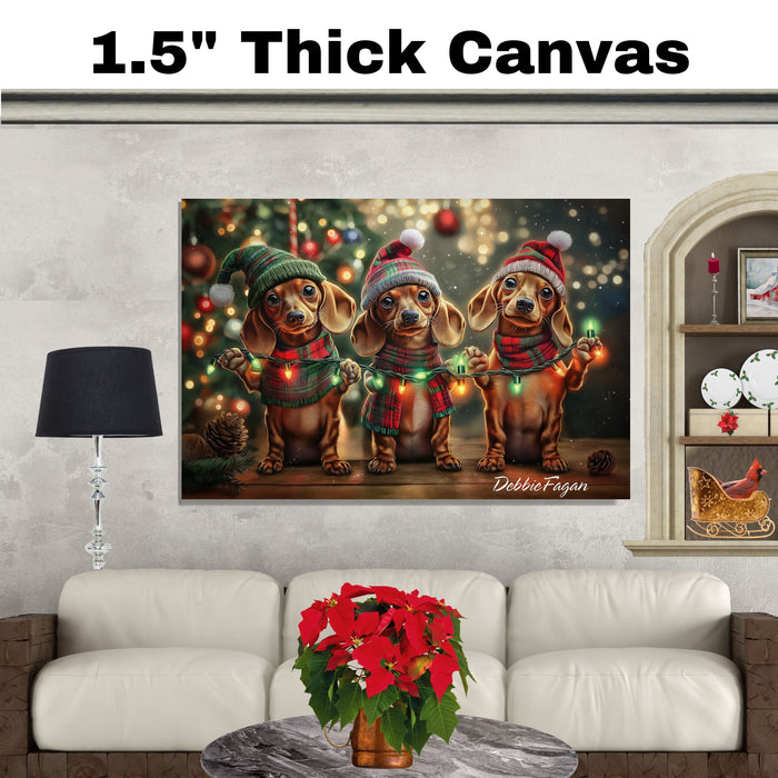 Christmas Canvas - "Holiday Cheer" - Adorable Doxie in Festive Winter Attire Holding Christmas String Lights on Ready to Hang 1.5" Thick Canvas Wrap, Floating Framed Canvas, Flat Rolled Canvas