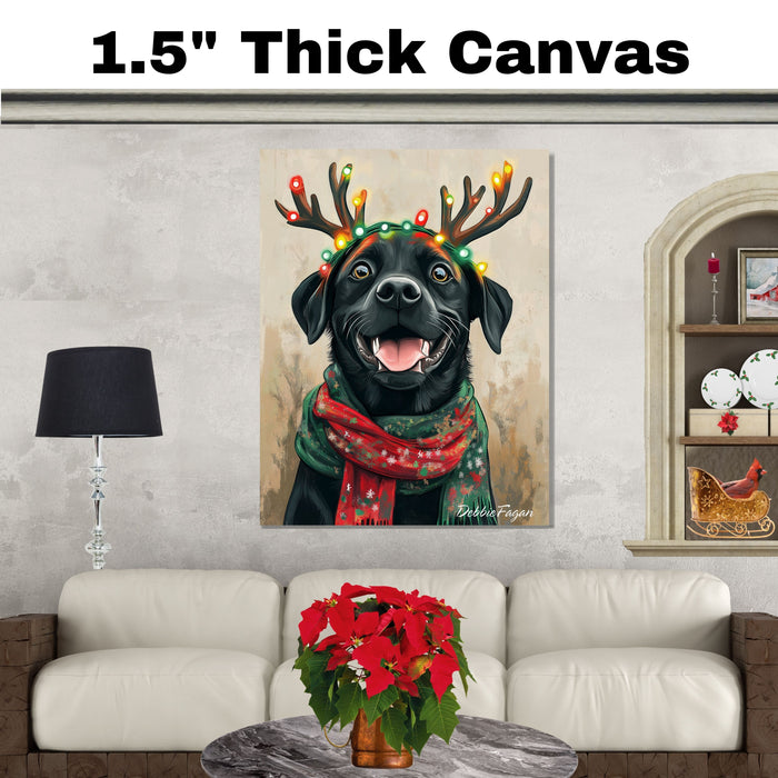 "Rustic Noel" - Black Labrador Dog with Festive Antlers & Cozy Scarf on Rustic Canvas, Ready to Hang 1.5" Thick Canvas Wrap, Floating Framed Canvas, Flat Rolled Canvas