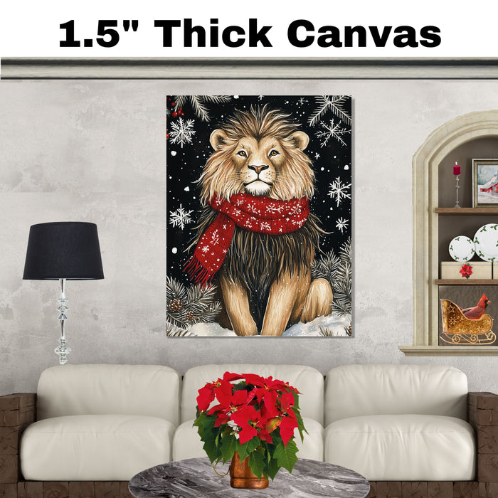 "Majestic Winter Lion" - Lion in Red Scarf Roaming the Snow on Ready to Hang 1.5" Thick Canvas Wrap, Floating Framed Canvas, Flat Rolled Canvas