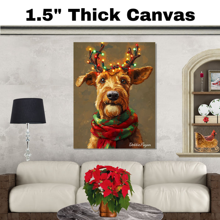 Airedale Christmas Glow - 'Yuletide Antlers' - Airedale Dog with Lighted Antlers and Festive Scarf on Rustic Canvas, Ready to Hang 1.5" Thick Canvas Wrap, Floating Framed Canvas, Flat Rolled Canvas