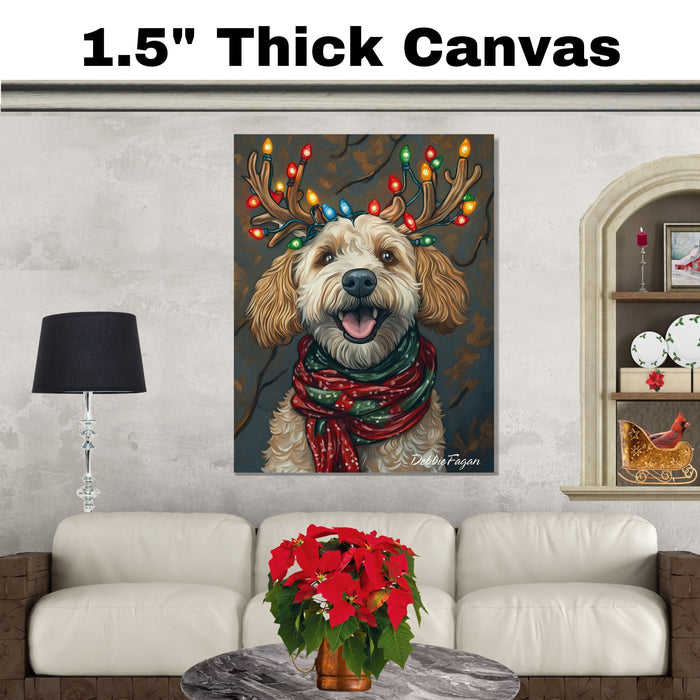 Rustic Merriment' - Bernedoodle Dog with Festive Antlers & Warm Scarf on Rustic Canvas Ready to Hang 1.5" Thick Canvas Wrap, Floating Framed Canvas, Flat Rolled Canvas