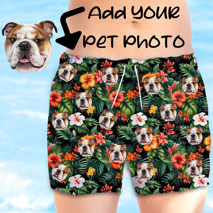Custom Face Men Swimwear, Personalized Beach Swim Trunks with Dog Faces, Customized Tropical Print Quick-dry Summer Shorts for Boyfriend