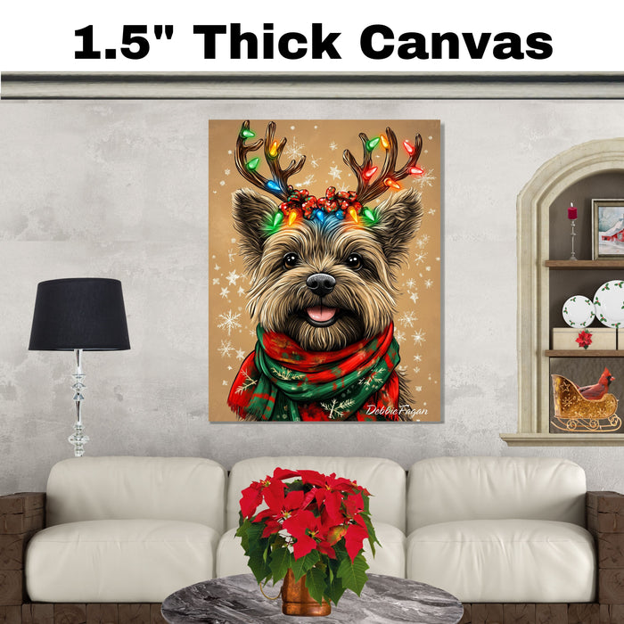 "Snowy Paws" - Cairn Terrier Dog with Lighted Antlers & Festive Scarf on Rustic Background with Snowflakes, Ready to Hang 1.5" Thick Canvas Wrap, Floating Framed Canvas, Flat Rolled Canvas