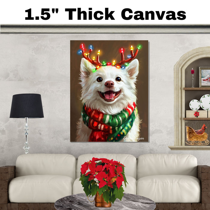 Frosty Festivities' - American Eskimo Dog with Twinkling Antlers & Cozy Scarf on Rustic Background, Ready to Hang 1.5" Thick Canvas Wrap, Floating Framed Canvas, Flat Rolled Canvas