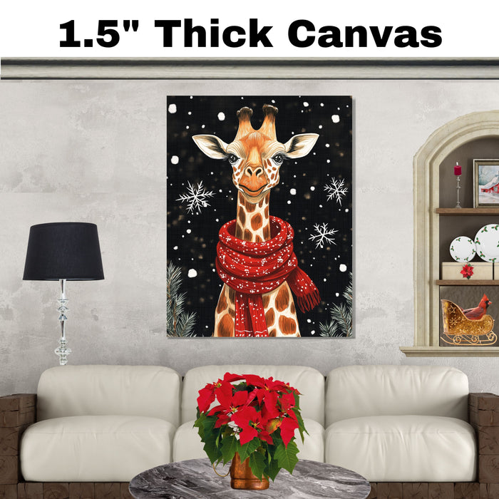 "Snowy Grace Giraffe" - Giraffe in Red Scarf Standing in Snow on Ready to Hang 1.5" Thick Canvas Wrap, Floating Framed Canvas, Flat Rolled Canvas