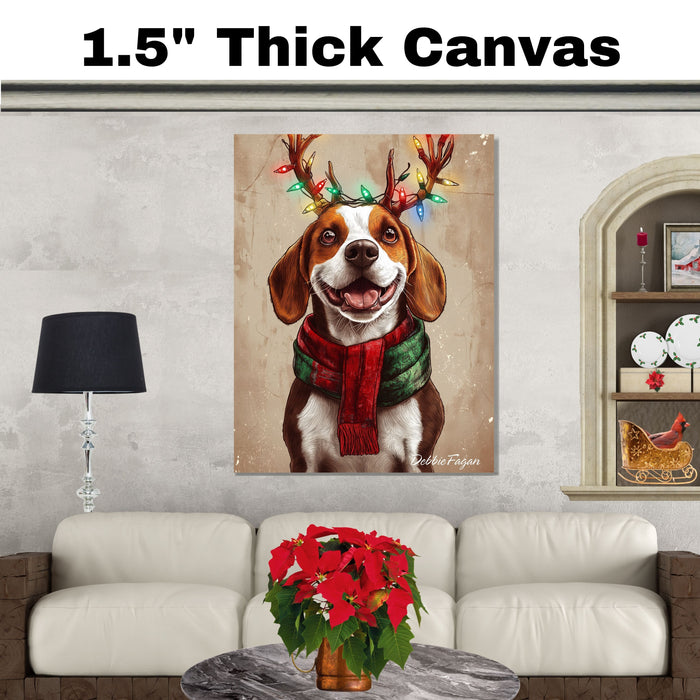 Beagle Holiday Joy - 'Rustic Reindeer' - Beagle Dog with Lighted Antlers & Cozy Scarf on Rustic Background, Ready to Hang 1.5" Thick Canvas Wrap, Floating Framed Canvas, Flat Rolled Canvas