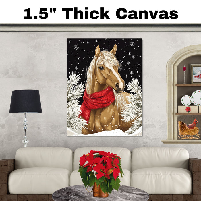 "Winter Whisper Horse" - Horse in Red Scarf in Serene Snowy Landscape on Ready to Hang 1.5" Thick Canvas Wrap, Floating Framed Canvas, Flat Rolled Canvas