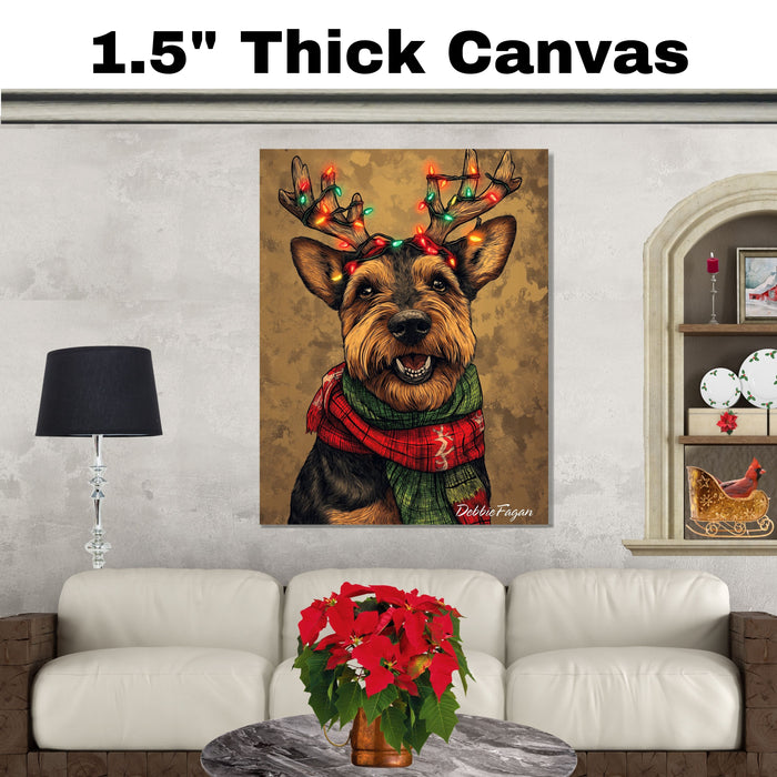 Airedale Holiday Cheer - 'Festive Fuzz' - Airedale Dog with Lit Antler Headband & Cozy Scarf on Rustic Background, Ready to Hang 1.5" Thick Canvas Wrap, Floating Framed Canvas, Flat Rolled Canvas