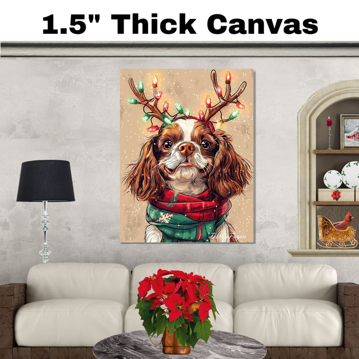 "Flurries of Joy" - Cavalier King Charles Dog with Lighted Antlers & Holiday Scarf in Snowfall, Ready to Hang 1.5" Thick Canvas Wrap, Floating Framed Canvas, Flat Rolled Canvas