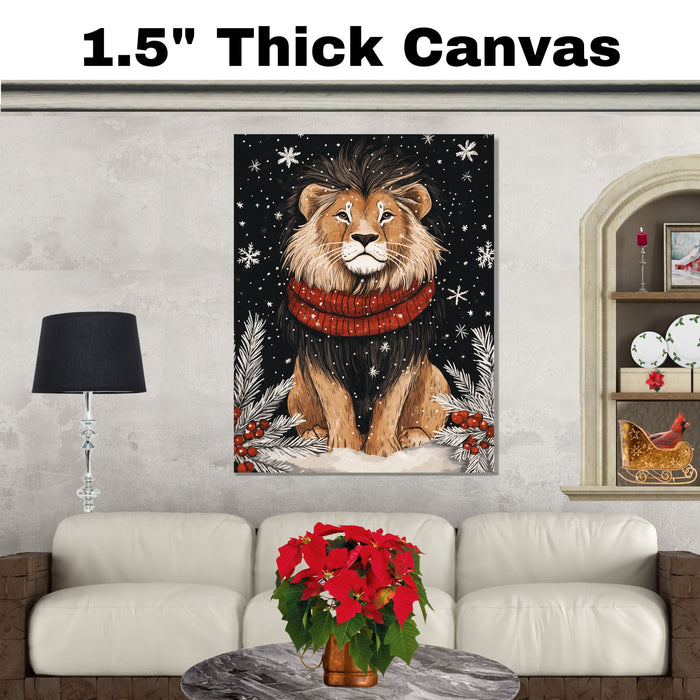 "Winter Majesty Lion" - Lion in Red Scarf Resting in Snowy Landscape on Ready to Hang 1.5" Thick Canvas Wrap, Floating Framed Canvas, Flat Rolled Canvas