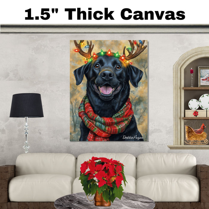 Forest Glow' - Black Labrador Dog with Lighted Antlers & Holiday Scarf in Snowy Forest, Ready to Hang 1.5" Thick Canvas Wrap, Floating Framed Canvas, Flat Rolled Canvas