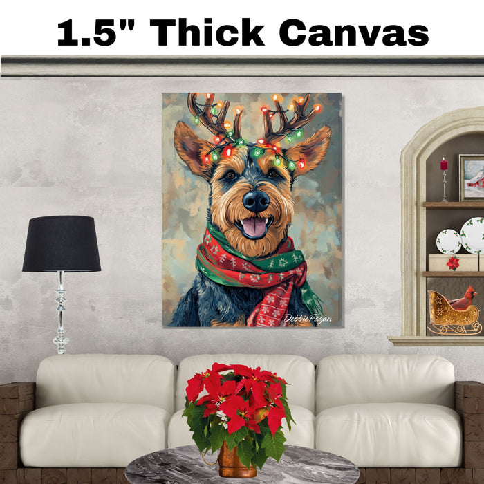 Airedale Joy - 'Antler Glow' - Airedale Terrier with Christmas Lights & Cozy Scarf on Rustic Background, Ready to Hang 1.5" Thick Canvas Wrap, Floating Framed Canvas, Flat Rolled Canvas