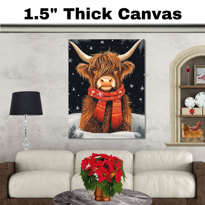 "Highland Winter Charm" - Highland Cow in Red Scarf Resting in Snow on Ready to Hang 1.5" Thick Canvas Wrap, Floating Framed Canvas, Flat Rolled Canvas