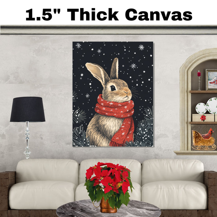 "Winter Wonderland Bunny" - Bunny in Red Scarf Sitting in Snow on Ready to Hang 1.5" Thick Canvas Wrap, Floating Framed Canvas, Flat Rolled Canvas